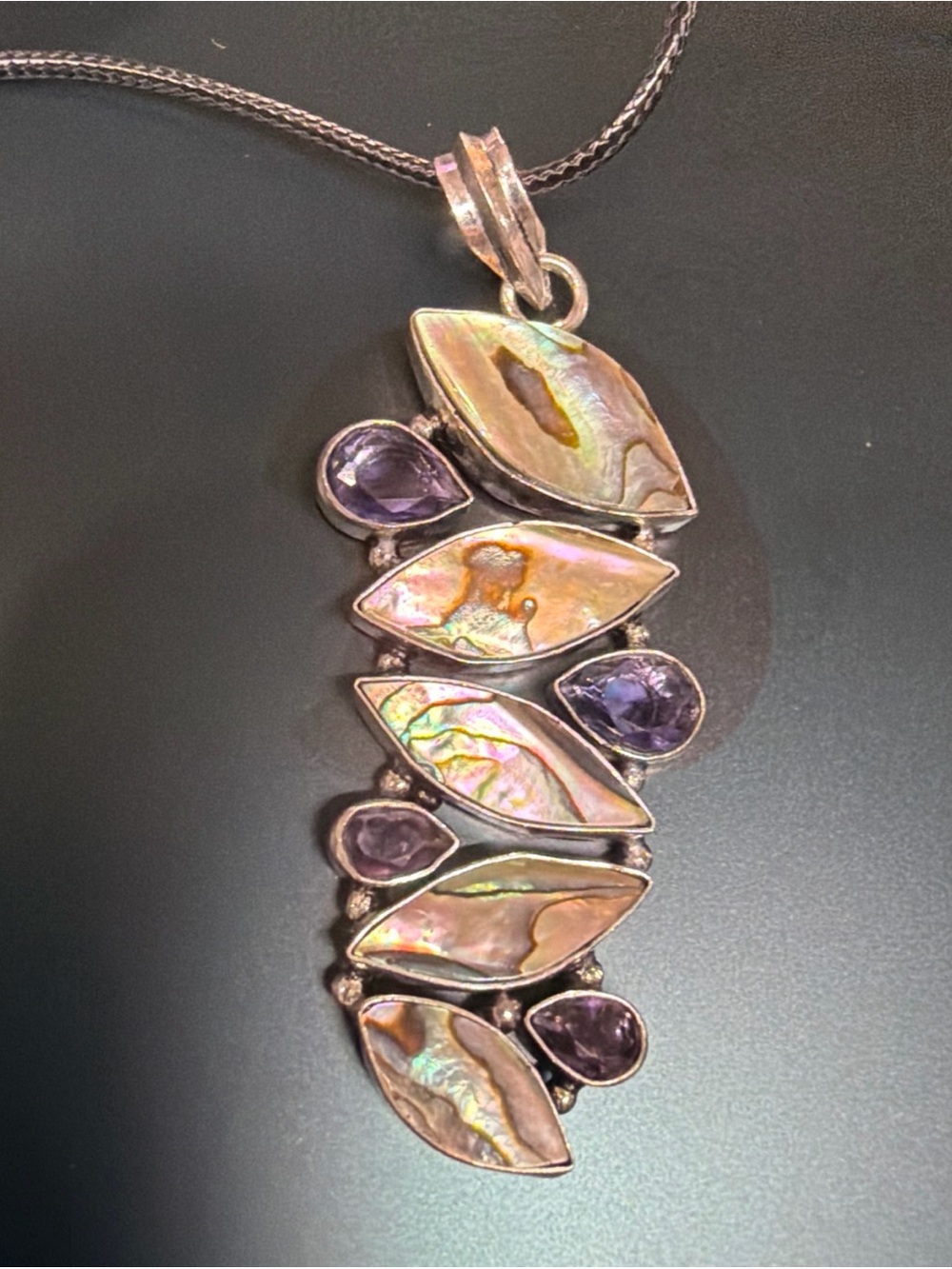 925 Sterling Silver Abalone and Amethyst Drop Pendant - Iridescent Pink-Green